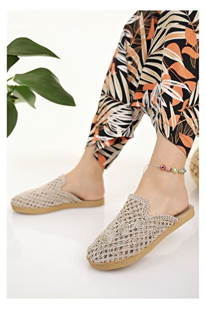 Modafırsat Kadın Hasır Terlik Bej Önü Kapalı Örgü Dantel Triko Nakış Detaylı Şık Yazlık Ev Plaj Tatil Terliği