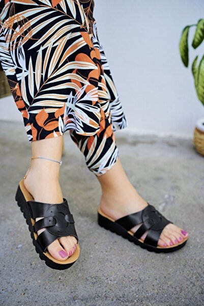 Modafırsat Siyah Kadın Dolgu Topuk Terlik Şık Rahat Deniz Plaj Çeyiz Terliği