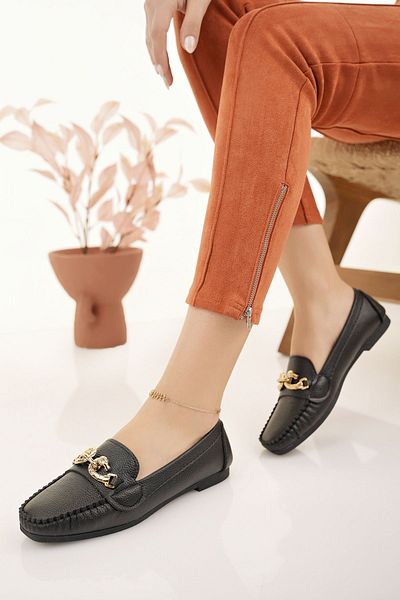 Modafırsat Women's Flats Black Buckle Lightweight Comfortable Stylish Business Office Daily Shoes