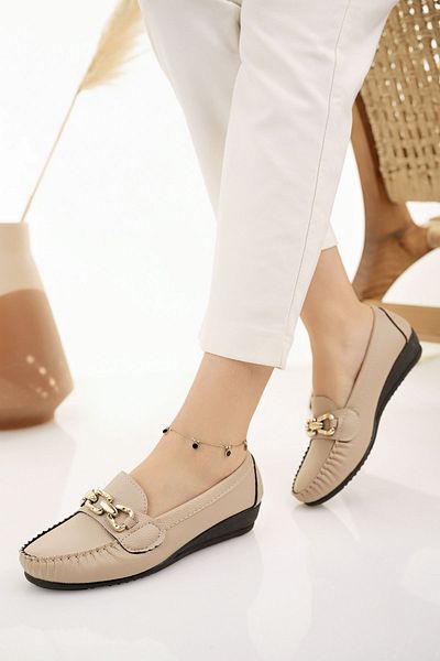 Modafırsat Women's Ballerinas Beige Buckle Lightweight Comfortable Stylish Business Office Daily Shoes