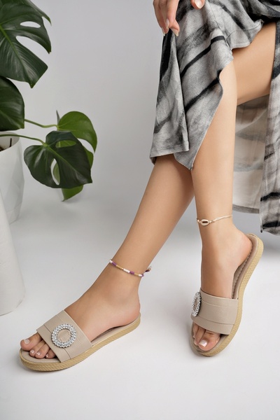 Modafırsat Beige Women's Slippers - Jewelled Buckle, Home Sea Beach Guest Dowry