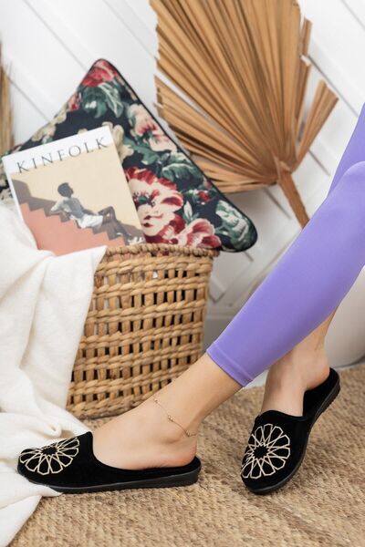 Modafırsat Μαύρες γυναικείες παντόφλες σπιτιών Hittite Χειμερινή μαλακή σόλα άνετες παντόφλες κεντημένες παντόφλες με δέσμη προίκας