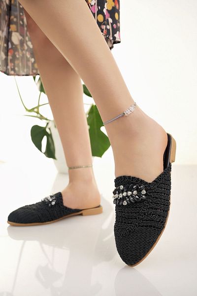 Modafırsat Women's Black Jewelled Slippers Closed Front Lace Knitwear Knitted Stone Detailed Stylish Dowry Home Beach Vacation Slippers
