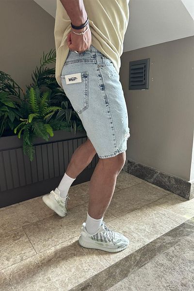 MADZEYMODA Pantaloni scurți pentru bărbați, albastru gheață, blugi rupti