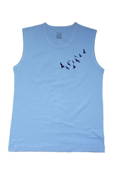 Raf Coll Tricou fără mâneci pentru bărbați albastru deschis cu model de păsăr...