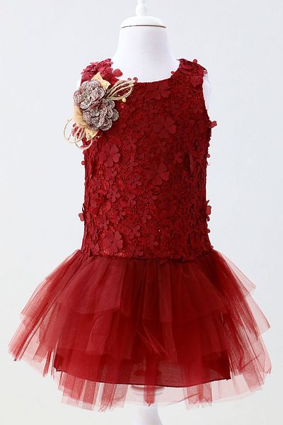 Mika Bebek Flower Embroidered Girl's Burgundy Gilet Tulle Evening Dress