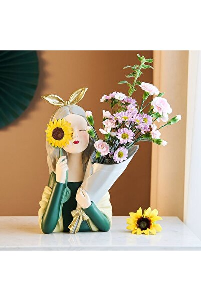 biomaxi plus Ayçiçekli Buketli Çiçekli Kız Heykeli Ölçü: 32 Cm X 17 Cm