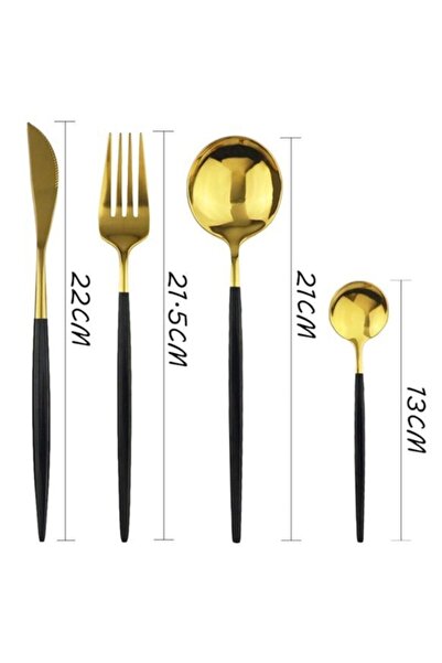 DMR LİFE Elite Gold Black Fork Spoon Knife Set 30 Pieces for 6 People (Gold Plated)