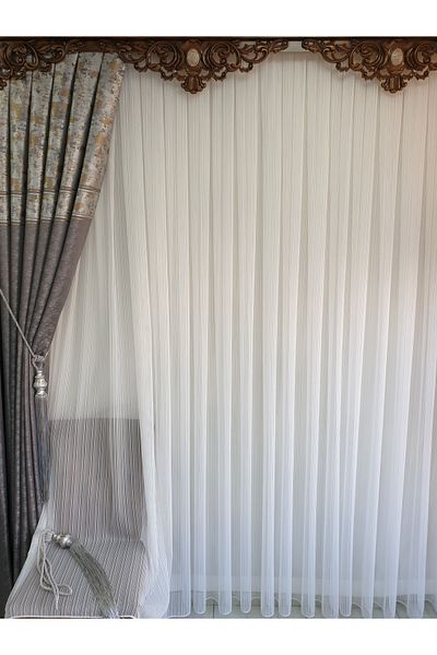 lüks House Wave Chain Striped Leaded Tulle Curtain Off White Pleat 1e 3 (Frequent Pleat)