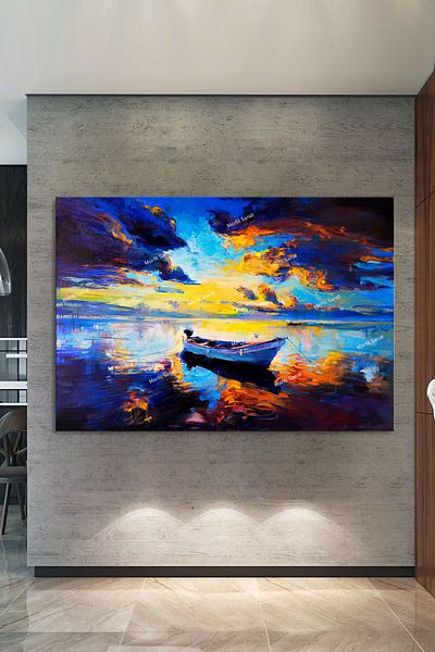 Morfil Sanat Atölyesi Barcă și apus de soare pe plajă pictură artistică pe pânză