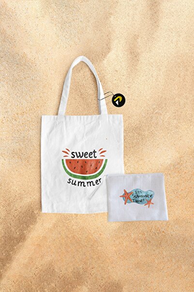 Postermanya Sweet Summer Karpuz Tasarımlı Bez Kanvas Plaj Çantası Seti