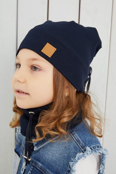 Babygiz Kız Bebek Çocuk Lacivert Ipli Şapka Bere Boyunluk Takım Rahat %100 Pamuklu Kaşkorse Yerli