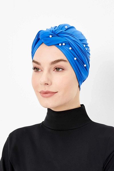 Haşema Blue Wrapped Sea and Pool Cap with Pearl Detail