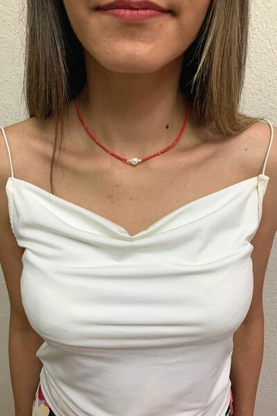Suerte Accessories Kırmızı Afgan Doğal Taşlı Gerçek Mayorka Incili El Yapımı Minimal Özel Tasarım Kolye