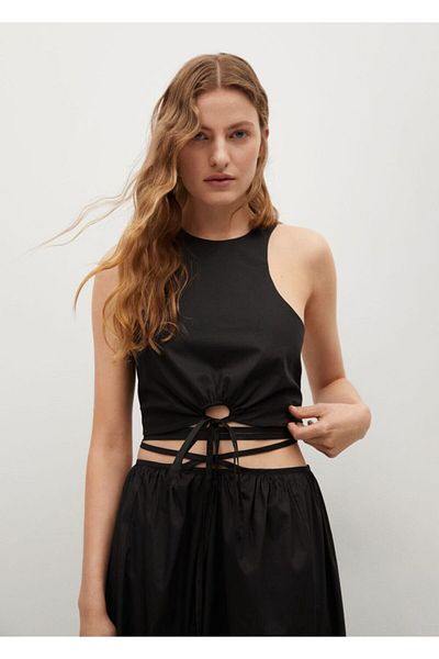 MANGO Woman Women's Black Bow Crop Top Blouse