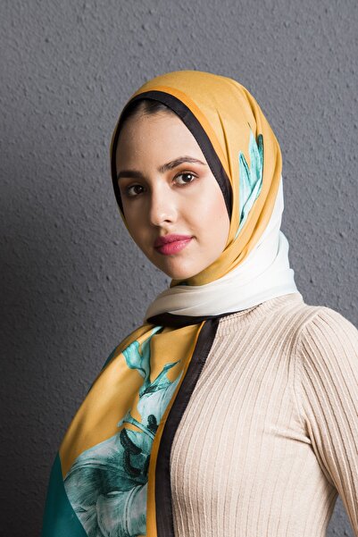 19V69 ITALIA Петроль зелений гірчичний квітковий візерунок серія Pavia з підвіскою для шарфа 90x200 см