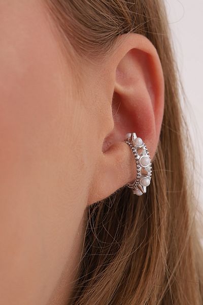Bilsen Store Women's Magnificent Pearl Series Cartilage Italian Earrings Decorated with Zircon Stones