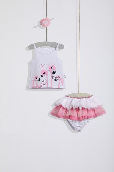 Wogi Kız Bebek Beyaz Askılı Tişört Set 2'li Pamuk 3 36 Ay
