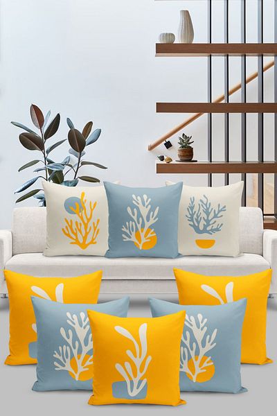 Filamente 8-Piece Throw Pillow Cover Set Minimalist Matisse Style Colorful Coral and Natural Shapes
