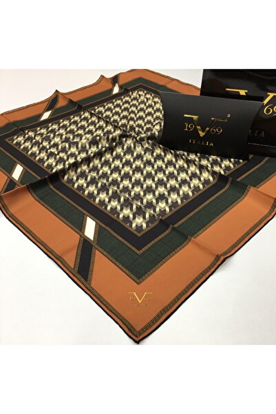 19V69 ITALIA وشاح Twill باللون الأخضر القرفة بنمط هاوندزتوث وشاح أسود من سلسل...