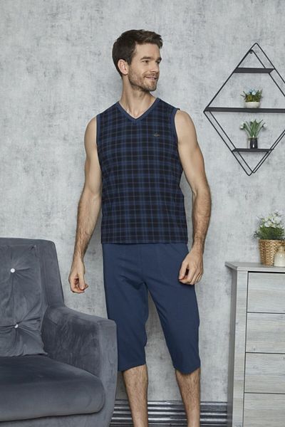 KLY 7527 Costum Capri cu mâneci zero pentru bărbați, albastru
