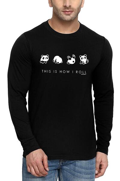 ROCKANDROLL Tricou Black Panda Tumbler pentru bărbați, cu mânecă lungă, din bumbac pieptănat