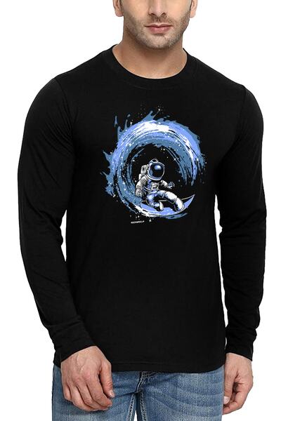ROCKANDROLL Tricou negru din bumbac pieptănat cu mânecă lungă, cu decolteu triplu Galactic Surfer pentru bărbați