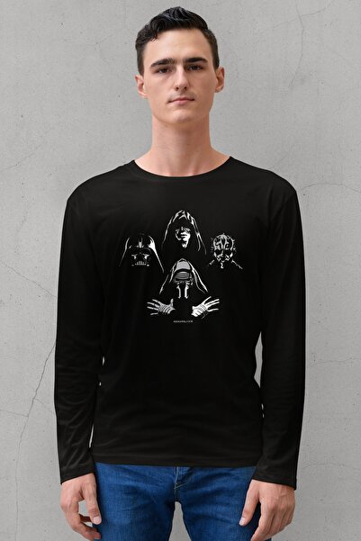 ROCKANDROLL تيشيرت رجالي أسود من القطن الممشط ذو أربعة رؤوس حرب النجوم ورقبة ...