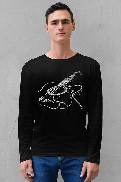 ROCKANDROLL Tricou din bumbac pieptănat cu mânecă lungă, cu corzi de chitară neagră, cu gât crew
