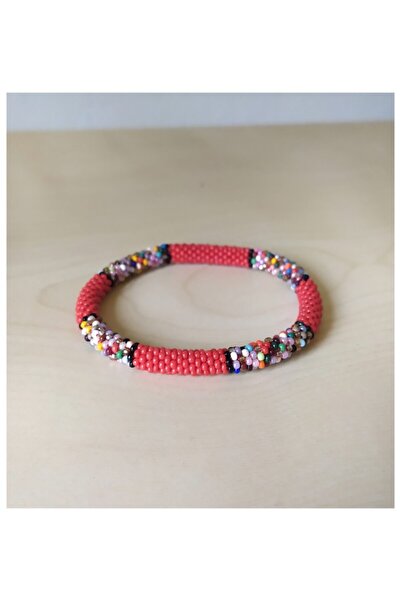 Pötikare Butik Atölye Kadın Kırmızı Boncuk Örme Nepal El Örmesi Bilezik