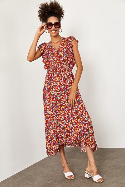 XHAN Women's Red Floral Ruffle Dress 1YZK6-11963-04