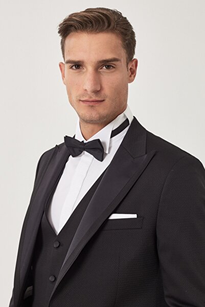 ALTINYILDIZ CLASSICS Erkek Siyah Slim Fit Dar Kesim Kırlangıç Yaka Desenli Ye...