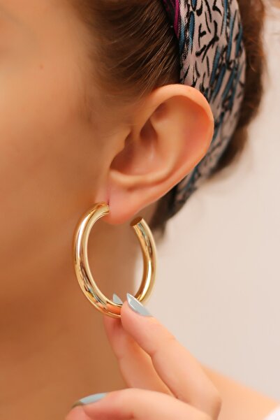 BUKA JEWELLERY Kadın Altın Rengi Büyük Boy Halka Küpe