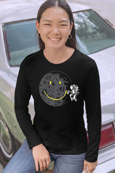 ROCKANDROLL Tricou negru din bumbac pieptănat cu mânecă lungă pentru astronau...