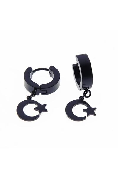 idolavm Erkek Çelik Küpe Siyah Ay Yıldız Takı Aksesuar P24 T5