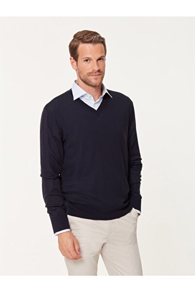 EMNANA Erkek Lacivert V Yaka Yünlü Kazak