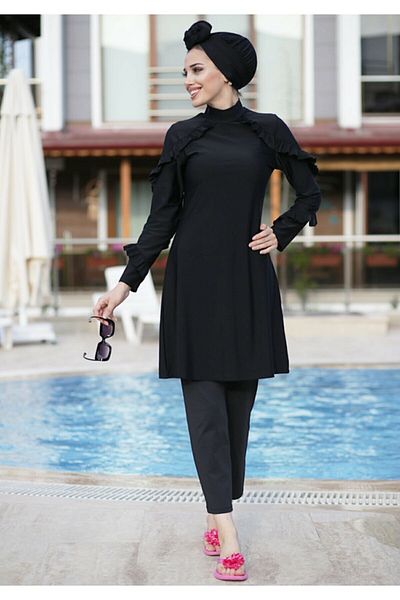 Adasea Σχέδιο βολάν Lycra Full Covered Hijab Μαγιό Ruffle 4104 Μαύρο