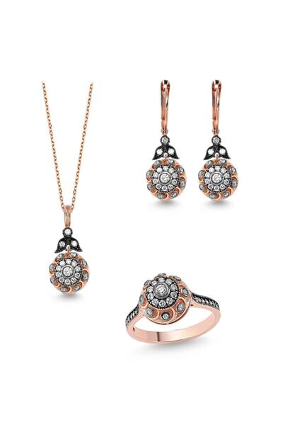 Romiyon Elmas Montür 3'lü Gümüş Kolye Küpe Yüzük Seti