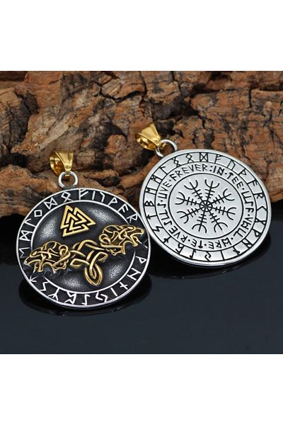 Viking Valknut Norse Power Symbol Back & Freki Design 316l Steel Double Sided Necklace