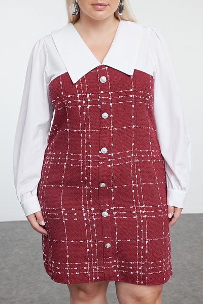 Trendyol Curve Burgundy Tweed Woven Plus Size Dress Tbbaw24Ah00026