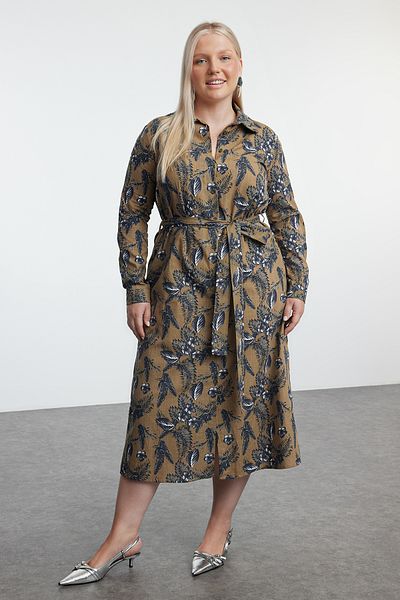 Trendyol Curve Khaki színű női virágos Midi gombos öves szőtt nagy méretű ingruha