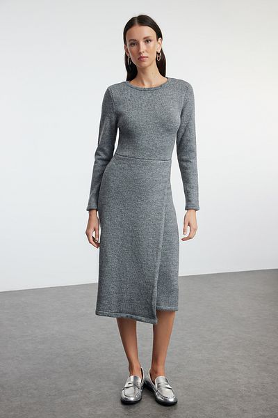 Trendyol Collection Soft Textured Anthracite Midi Knitwear Double Breasted Dress - Twoaw25El00041