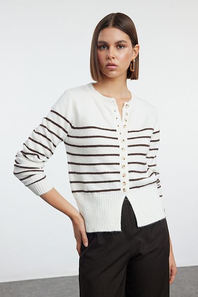 Trendyol Collection Crew Neck Ecru Knitwear Cardigan - Soft Texture, Jacket Look Twoaw25Hi00245