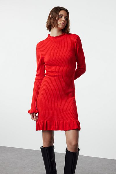 Trendyol Collection Rotes Strick-Minikleid - Rockspitzendetail TWOAW24EL00468