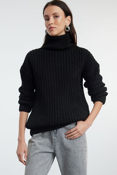 Trendyol Collection Pulover negru din tricotaje cu textura moale, cu talie largă - TWOAW25KZ00057