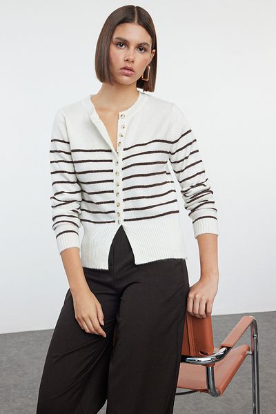 Trendyol Collection Crew Neck Ecru Knitwear Cardigan - Soft Texture, Jacket Look Twoaw25Hi00245