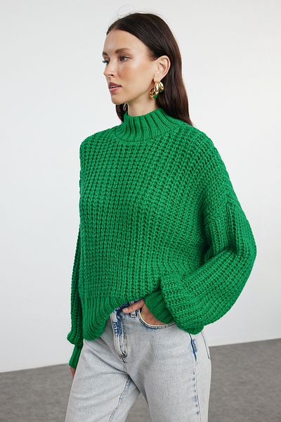 Trendyol Collection Zöld Soft Knitwear Crop pulóver – vastag kötött részlet, TWOAW25KZ00061