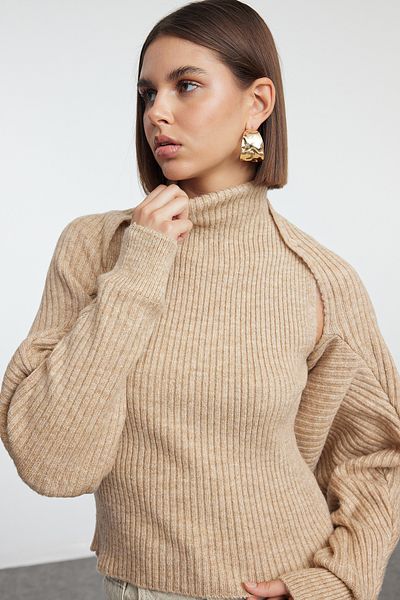 Trendyol Collection Pulover de tricotaj bej cu textura moale - Bolerelu, TWOAW25KZ00022