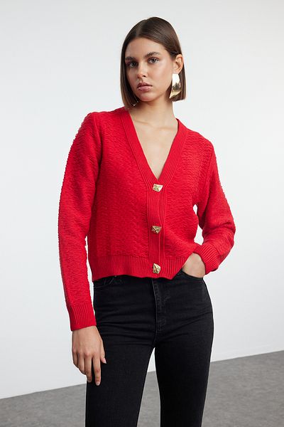 Trendyol Collection Knitwear Red Rose Cardigan - Button Detail, TWOAW25HI00249