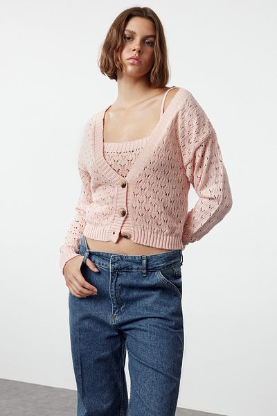 Trendyol Collection Pink Crop Knitwear Cardigan - Openwork/Hole Twoss20Hi0034
